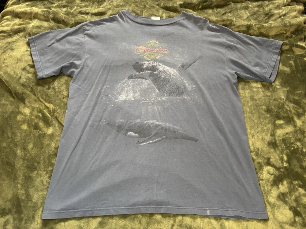 Vintage Alaska Humpback Whale Nature Shirt Mens 2XL XXL Blue Wildlife Faded 90s