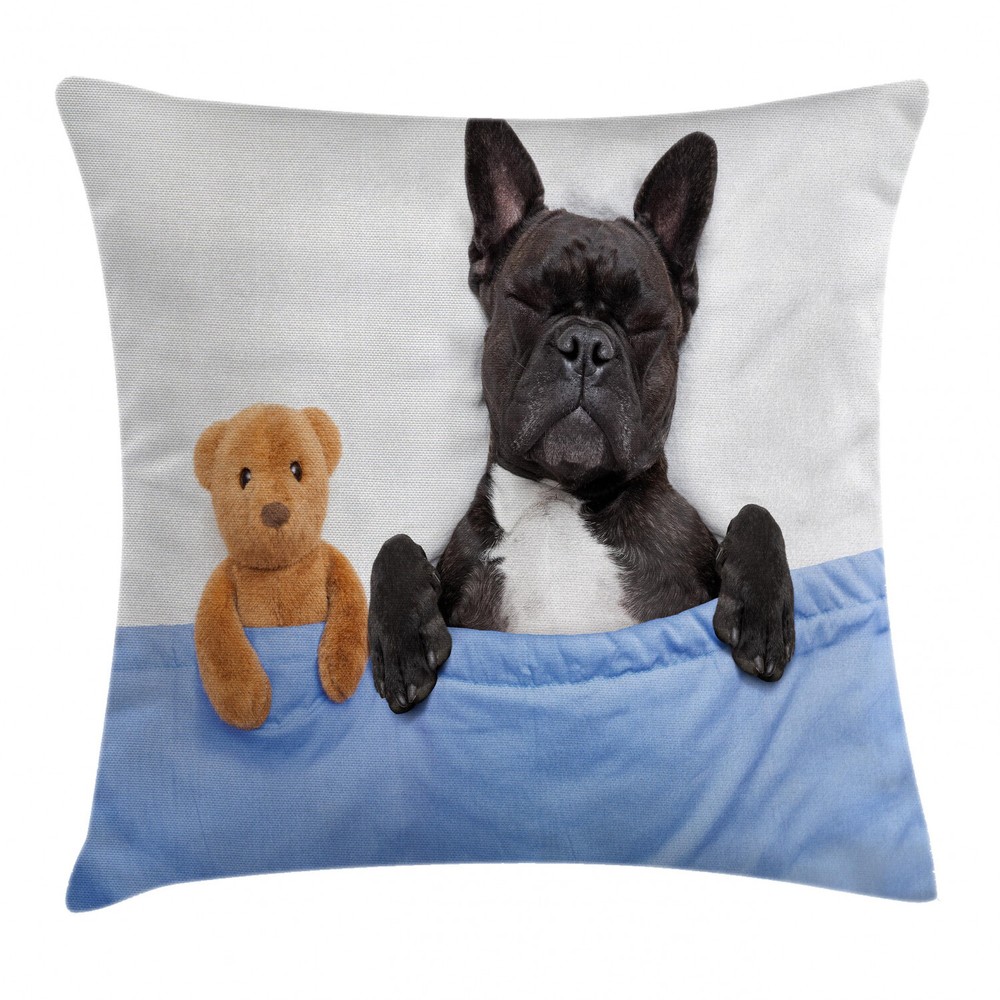 French Bulldog and Bear Pattern 16-inch Square Throw Pillow Cover
