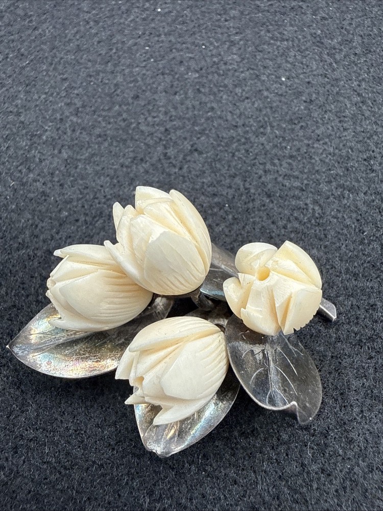 Vintage Sterling Silver Leaf Four  Carved Celluloid Flower Brooch Pin
