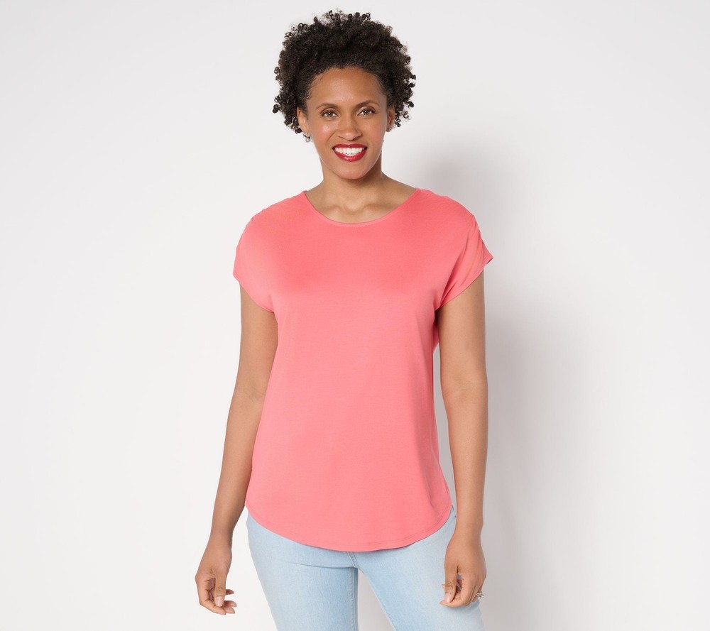 Belle by Kim Gravel Women's Top Sz XS Ruched Shoulder Peached Modal Pink A691526