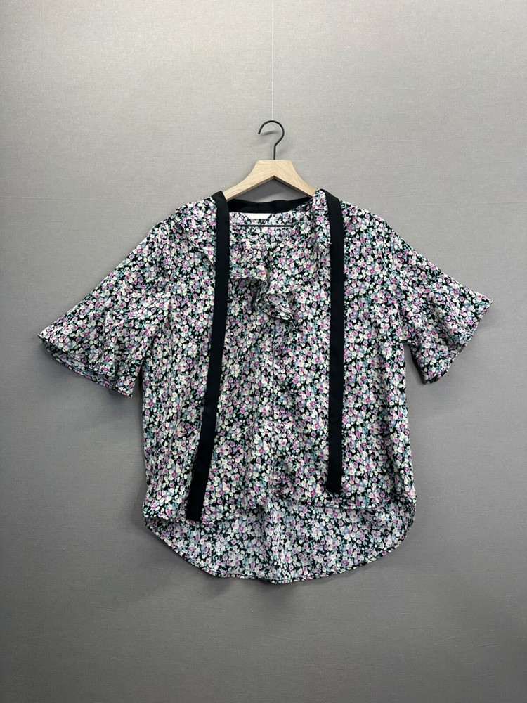 Floral Ruffle V-Neck Blouse for Women - Multicolor Short Sleeve Size 90