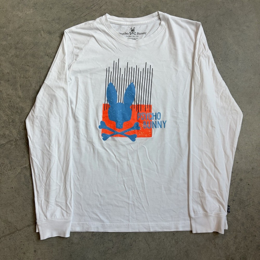Psycho Bunny Graphic Tee Long Sleeve T Shirt Skull Logo White Pima Size 5 Medium