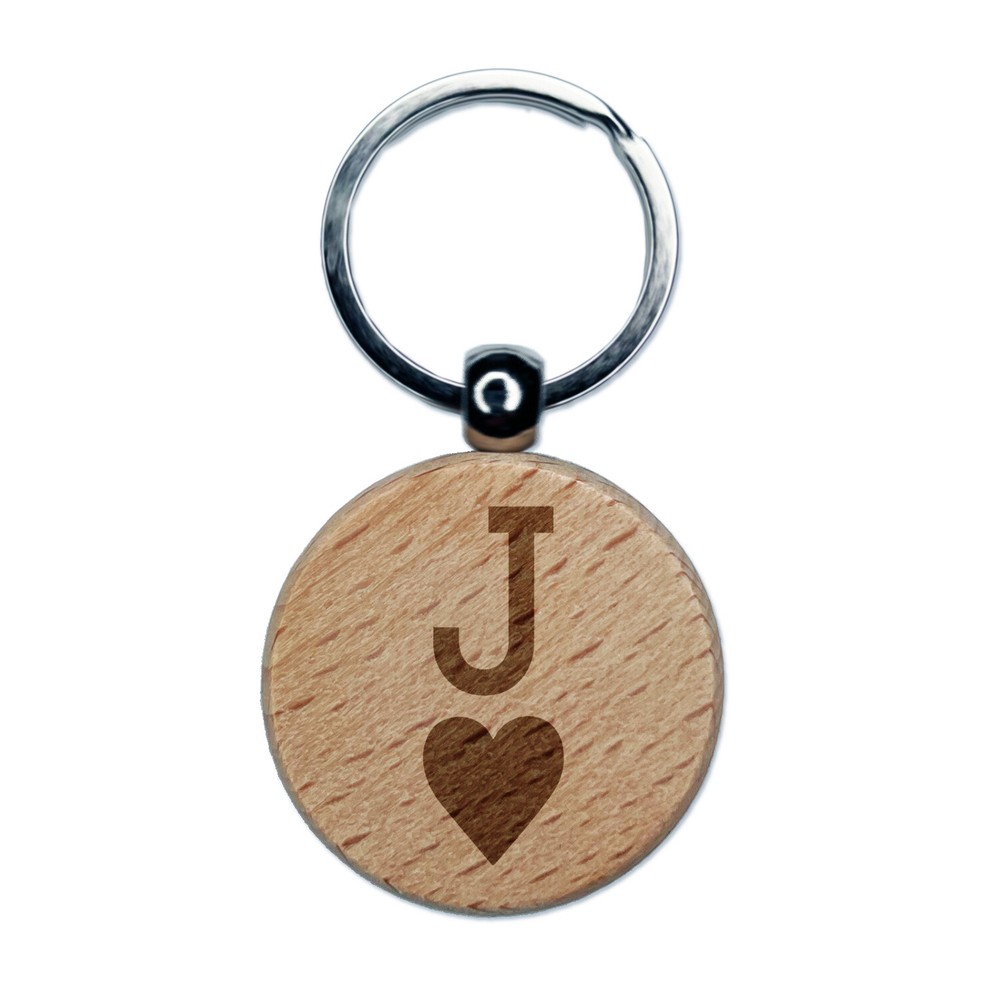Jack of Hearts Card Suit Engraved Wood Round Keychain Tag Charm