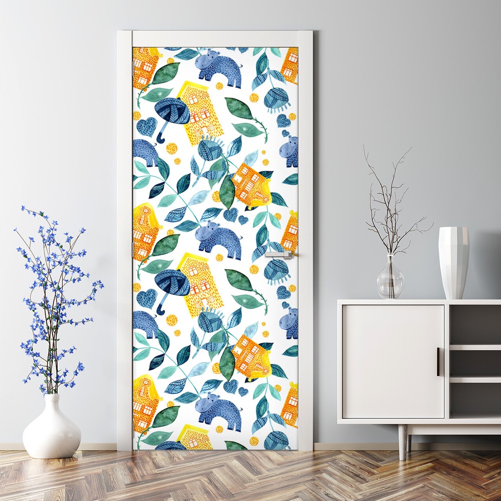 Hippo Watercolor Nursery Decal - Bubble-Free Animal Door Sticker for Kids