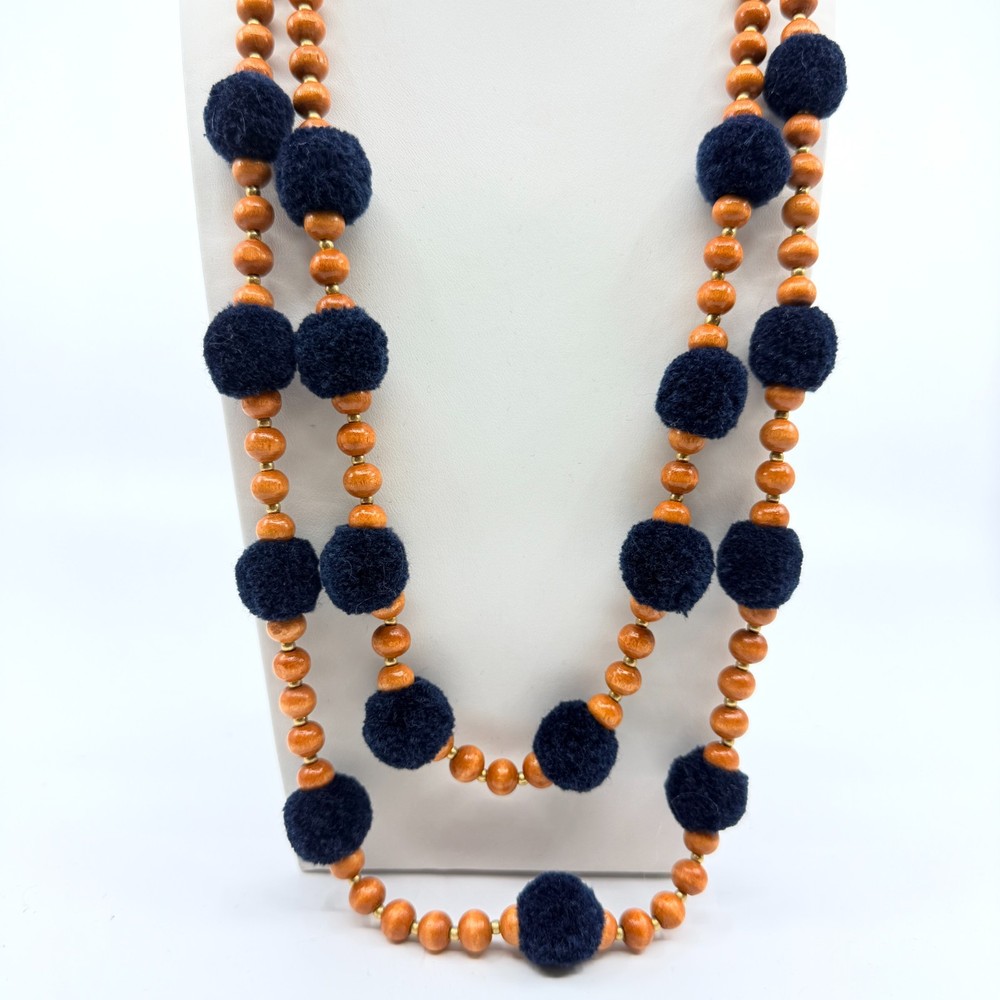 Vintage J. Crew Multi Strand Wood Bead Pom Pom Statement Necklace Navy Brown Y2K