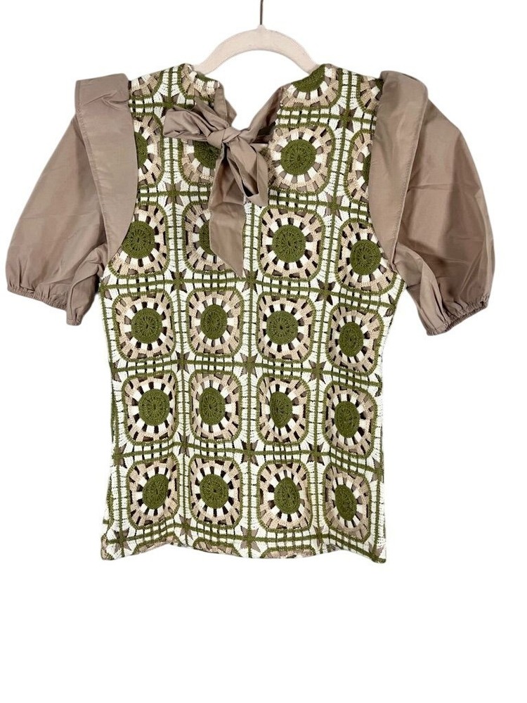 Retro Quilt Patchwork Crochet Dress Tan XL Boho Indie Folk Preppy Neutral 80s