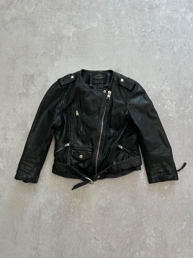 AllSaints Black Cropped Leather Biker Jacket UK 10 US 6 EU 38