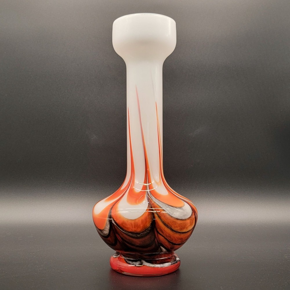Vintage Carlo Moretti MCM Vase Red Orange Black Swirl on White Opal Glass 1970s