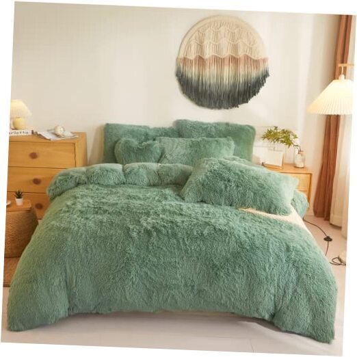 Fluffy Comforter Cover Set,Ultra Soft Plush Duvet Cover Bedding Queen Green