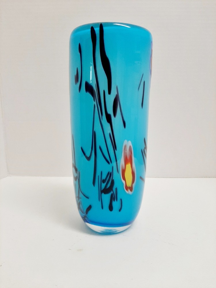 Abstract Blue Cased Art Glass Vase with Multicolor Detail 9