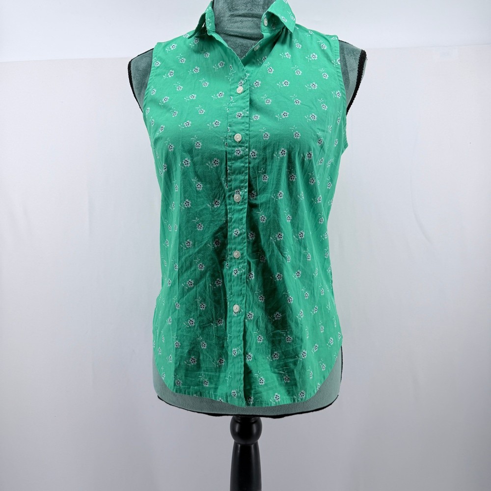 J.Crew Womens XS Green Floral Sleeveless Button Down Shirt Cotton Blouse