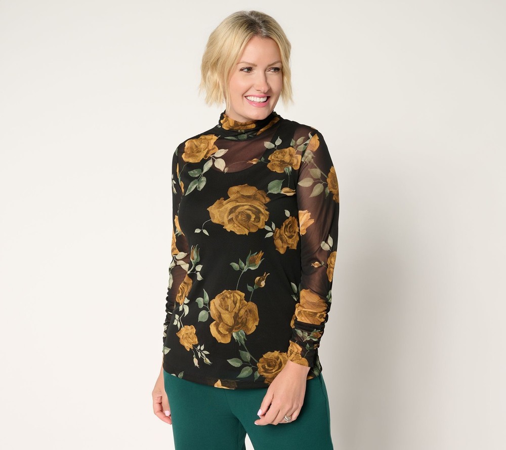 Susan Graver Women's Top Plus Sz 2X Printed Mesh Ruched Mock SkinnyLatte A703220