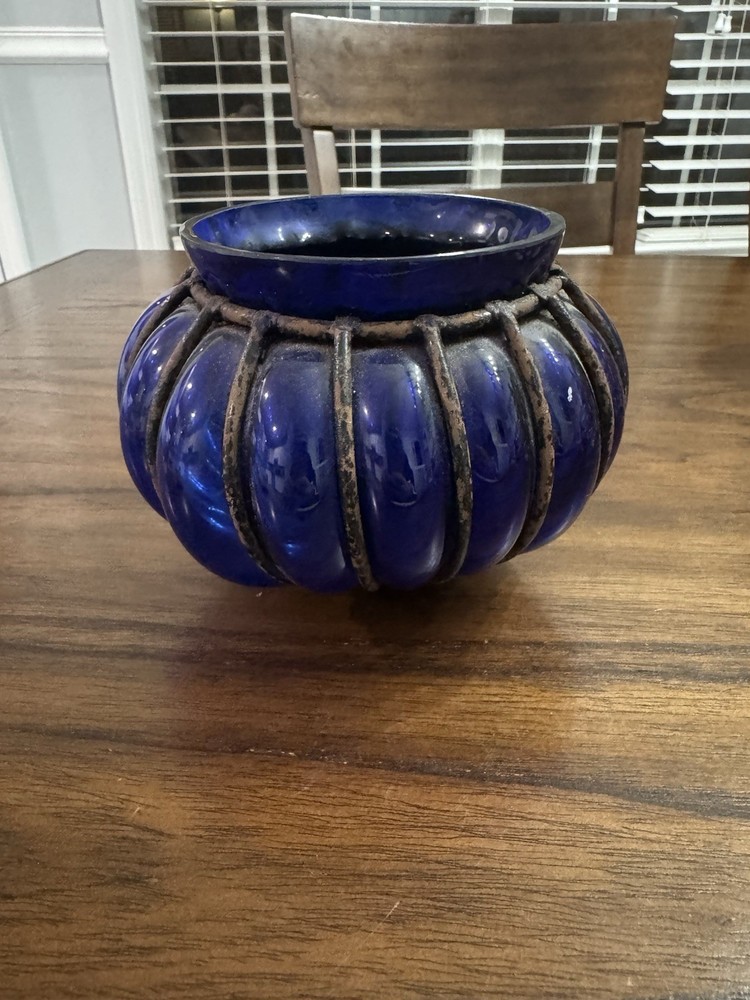 VTG Cobalt Blue Art Glass Vase Rustic Wrought Iron Cage Handblown