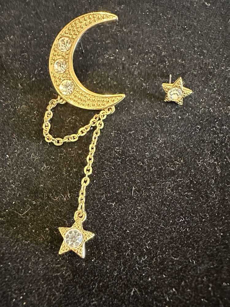 Vintage 90s Moon & Star Mismatch Earrings • Goldtone Celestial Set