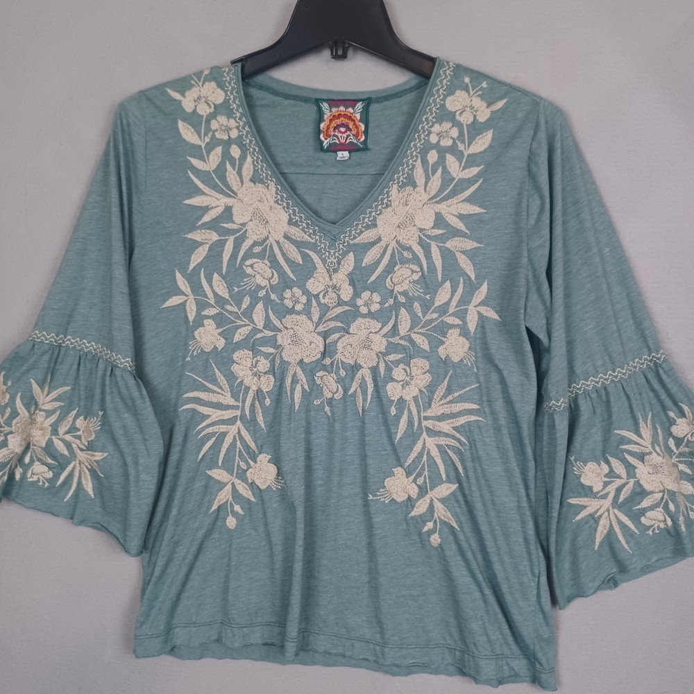 Johnny Was Soft Teal Embroidered Floral Top Large Boho Bell Sleeves