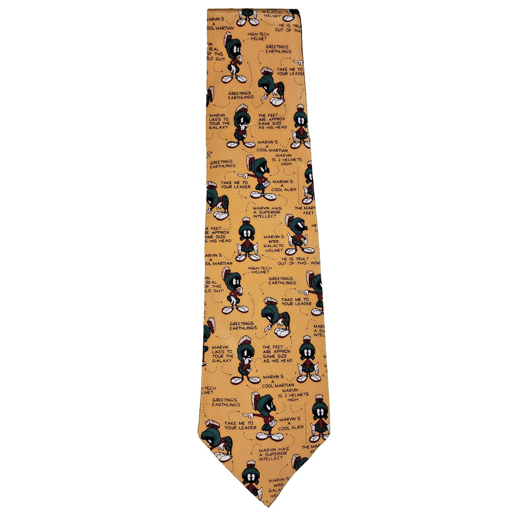 1990s Vintage Marvin Martian 100% silk tie. Warner Bros. Yellow