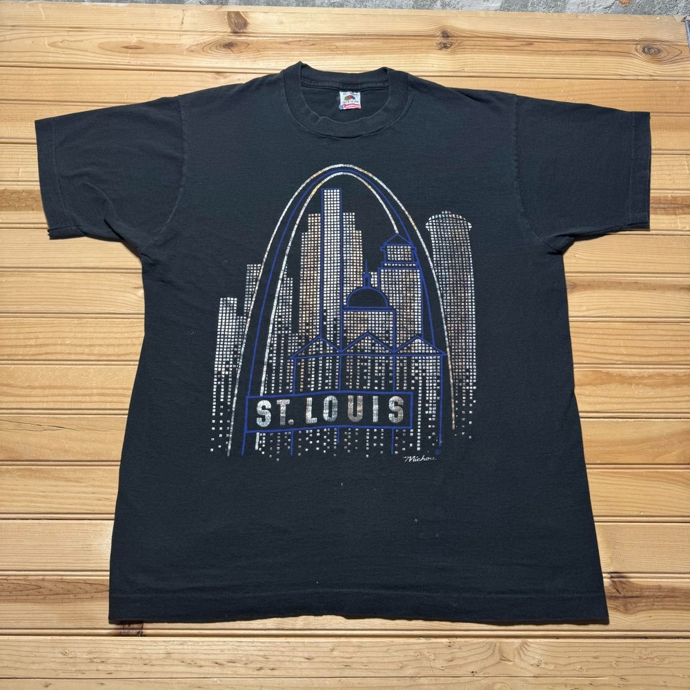 Vintage 90s St Louis Missouri Gateway Skyline Graphic Souvenir T-Shirt USA - XL