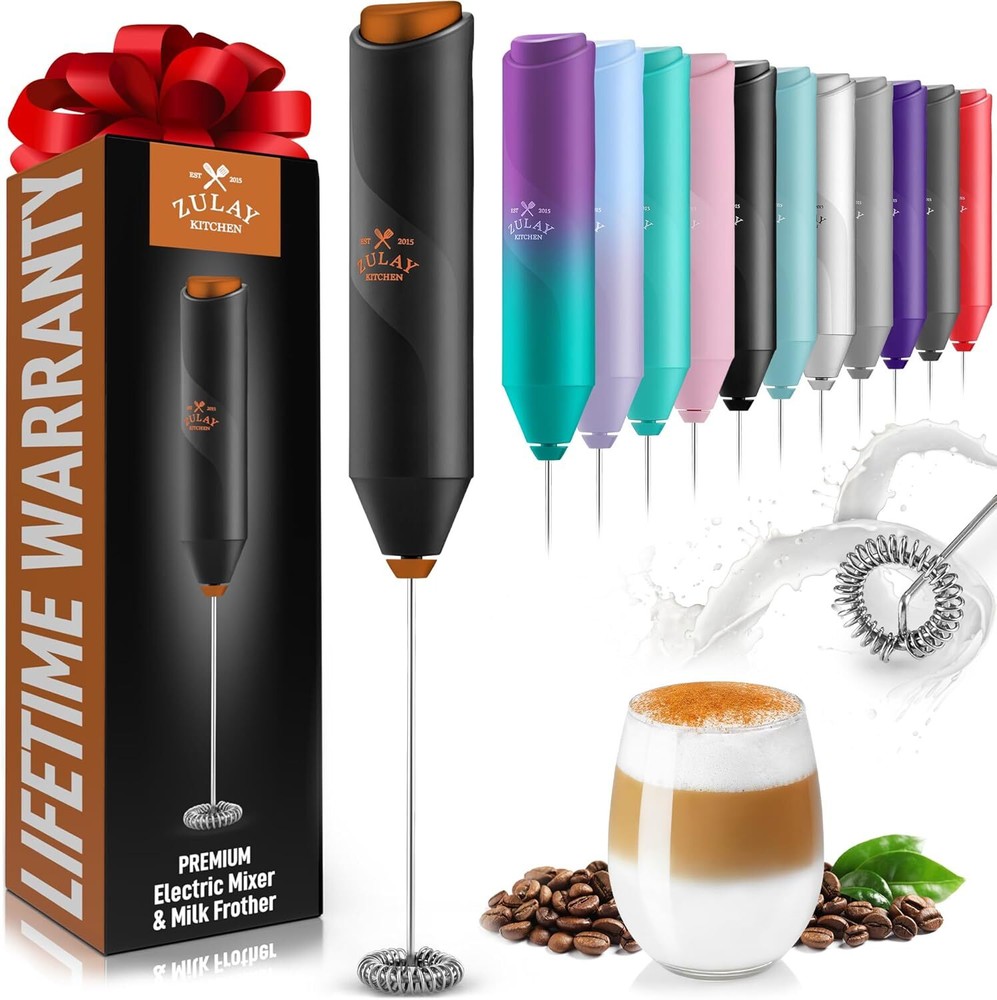 Zulay Powerful Milk Frother Wand - Mini Handheld Black & Copper
