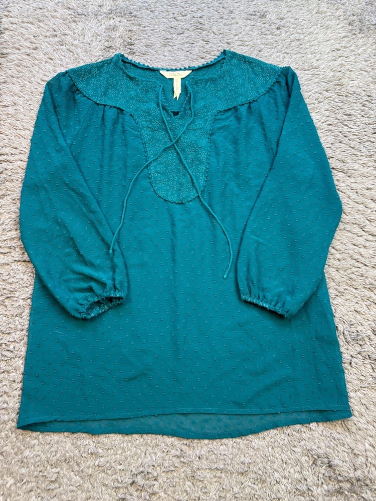 Matilda Jane Top Women Small Teal Swiss Dot Peasant Blouse Sheer Tie Front Tunic