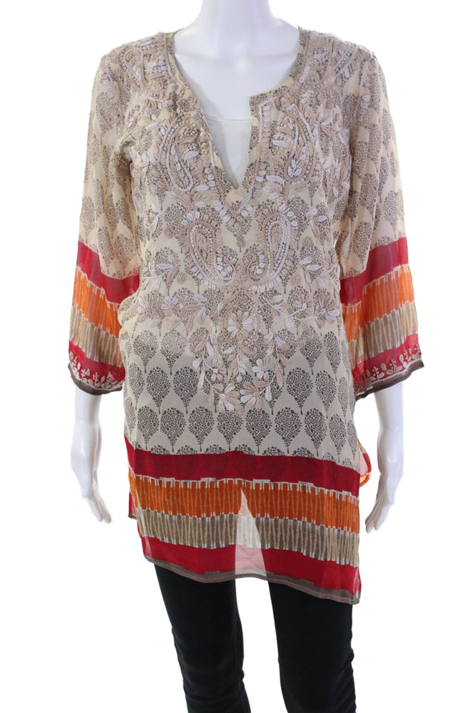 Amaya Womens Printed Silk Embroidered V-neck Tunic Blouse Top Beige Size 36Free Shipping in US $100+ Orders | $6.95 Orders Below