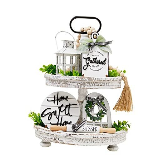 Set of 16 Farmhouse Tiered Tray Decor with 1 Lantern Artificial Plant&