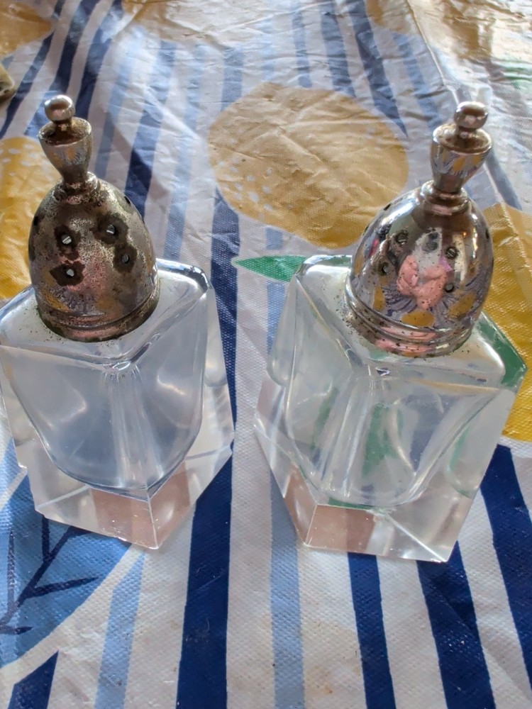 Vintage Raimond Cut Crystal Salt & Pepper Shakers Silver Plate Tops Japan