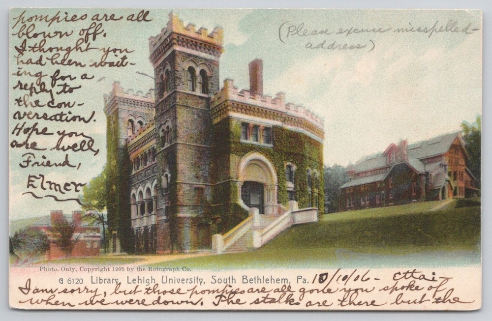 Lehigh University Library South Bethlehem PA 1905 Rotograph Postcard Posted 1908