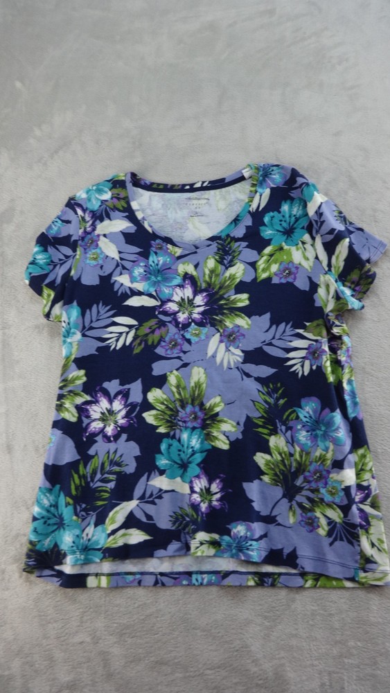 Croft & Barrow Tee Floral Womans Large 100% Cotton V-Neck Tropical Casual