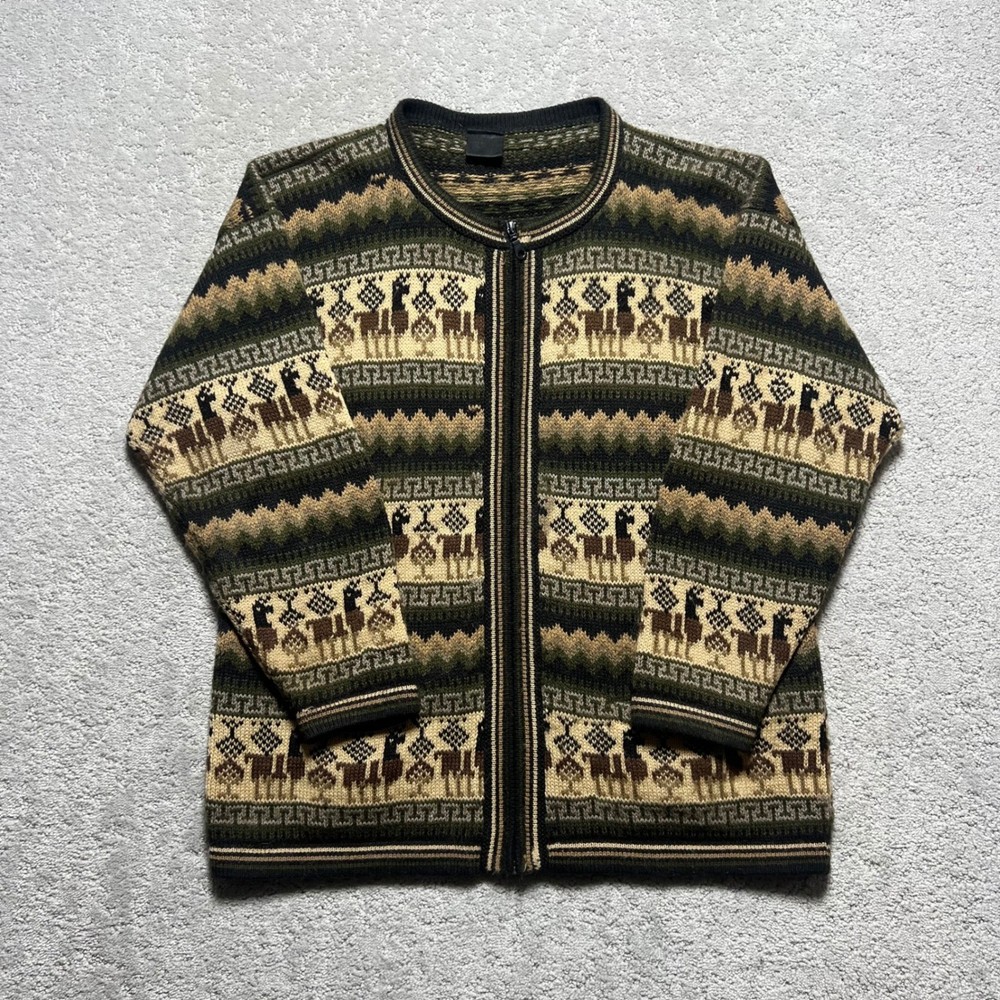 VINTAGE Artesania Cardigan Sweater Womens Large Green Brown Alpaca Wool Knit Zip
