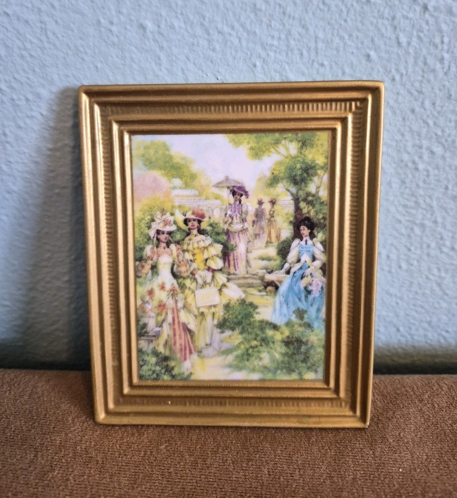 Vintage Porcelain Miniature Painting Victorian Ladies Frame Tile Tribute
