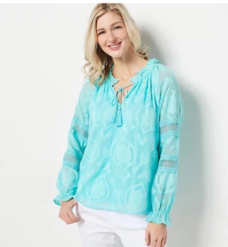 Belle by Kim Gravel Burnout Blouse Cabana Blue Size Large