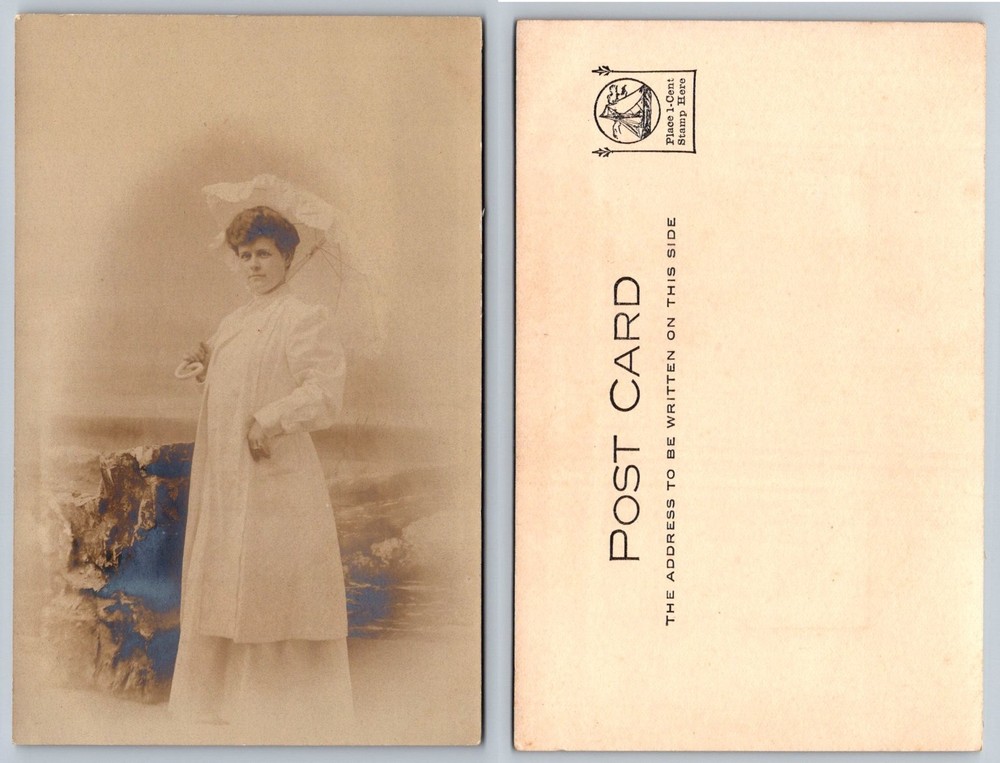 RPPC Edwardian Woman Parasol Portrait Real Photo Postcard c1910 Antique