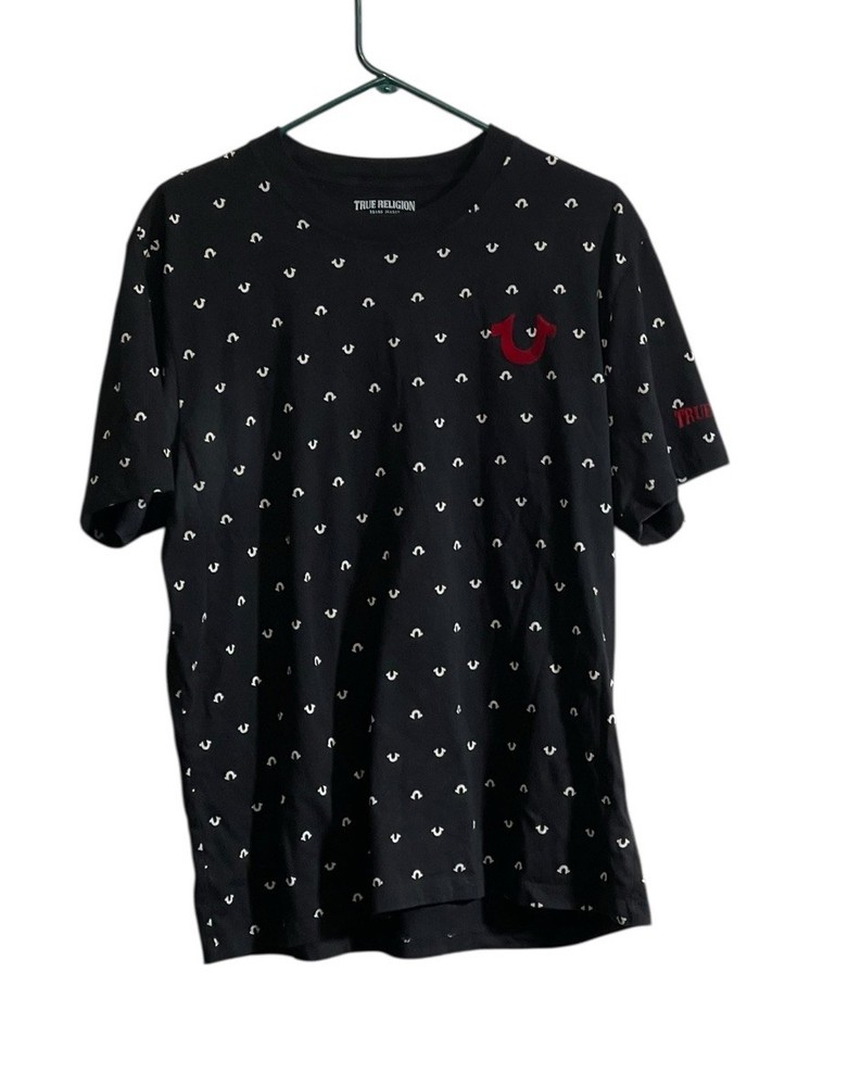 True Religion T-Shirt Men XL Black Horseshoe Logo All Over Print