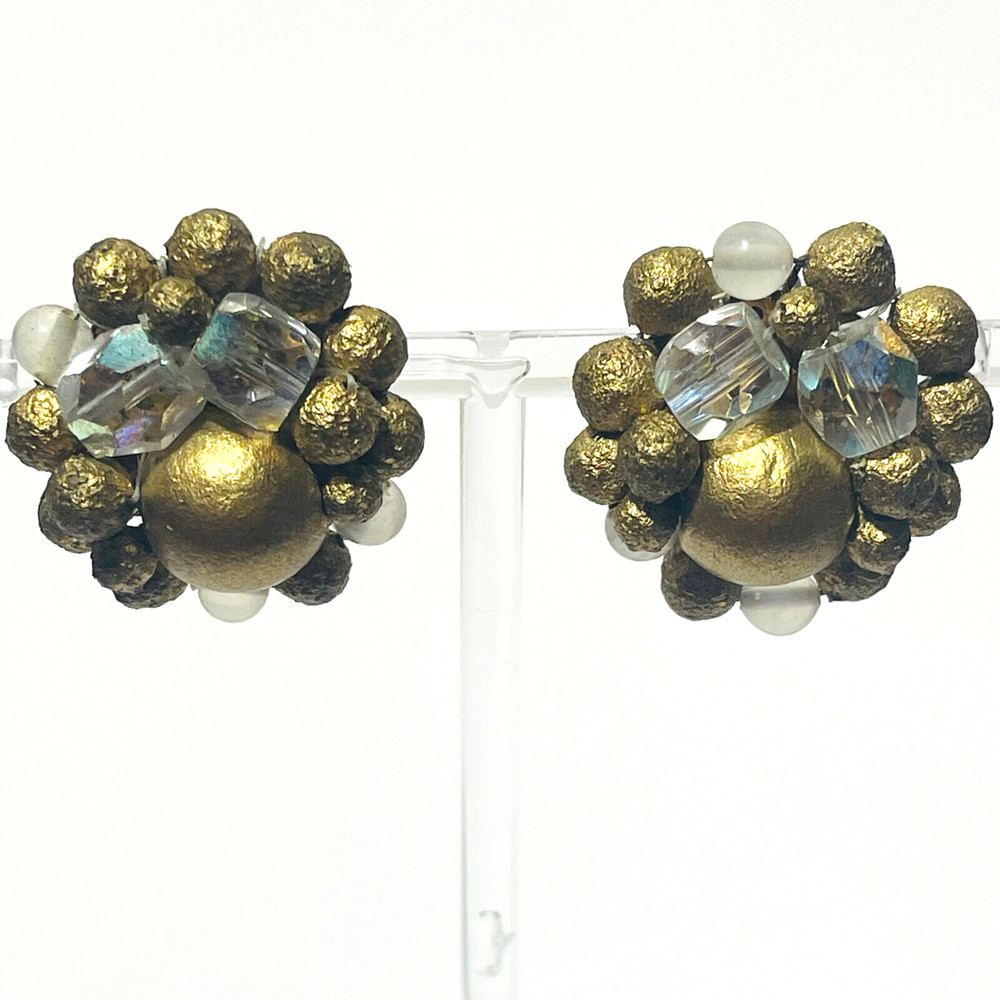 Vintage Earrings Clip On Bead Cluster Round Signed Japan Gold Clear White 1950s