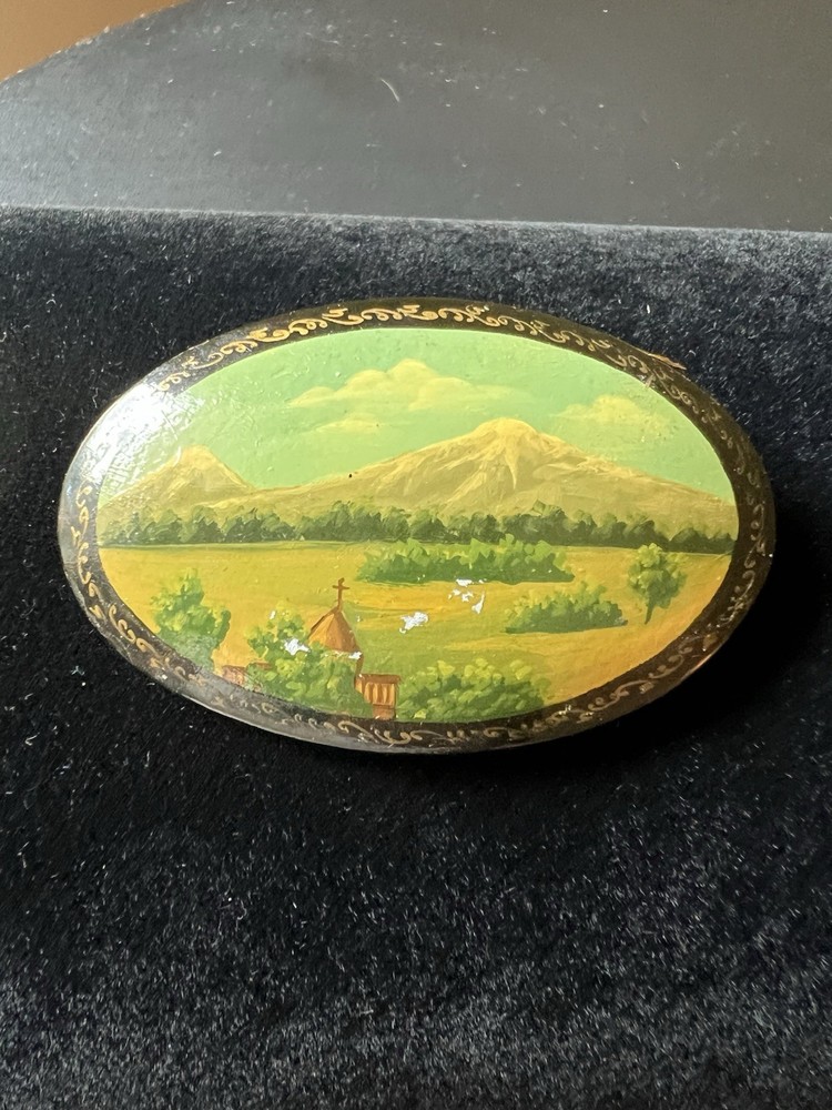 Russian Hand painted Brooch Authentic Vintage Church.  Mountains