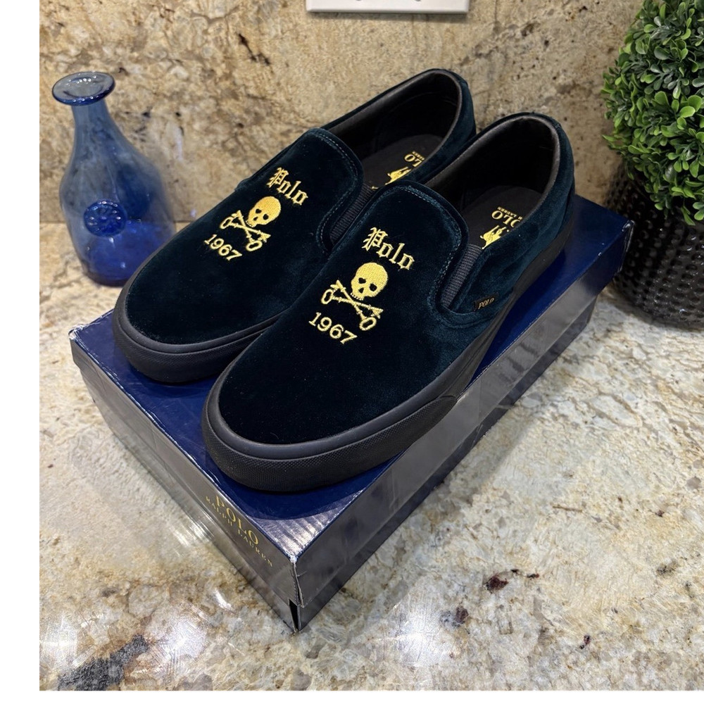Polo Ralph Lauren Keaton Velvet Slip-On Skull Sneakers Dark Green Men's 10.5 D