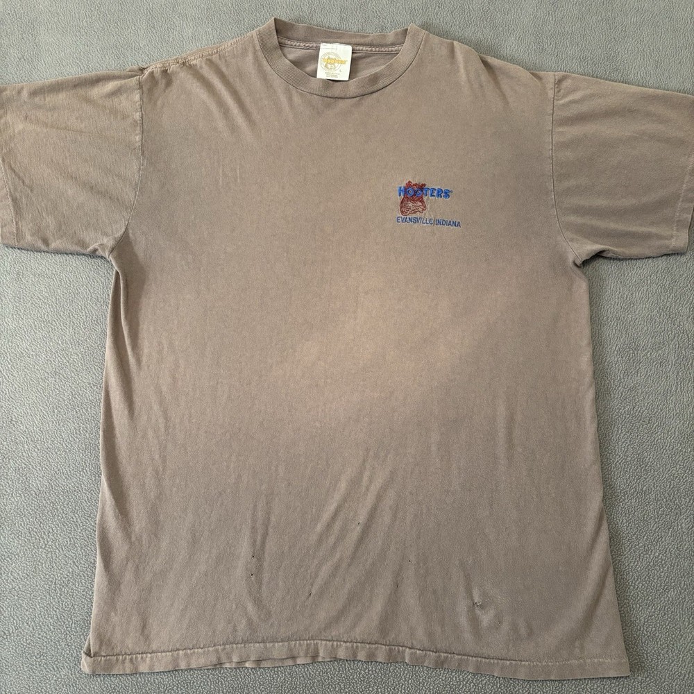 Vintage Hooters Single Stitch USA Made T Shirt Mens L (FLAWS READ) Evansville IN