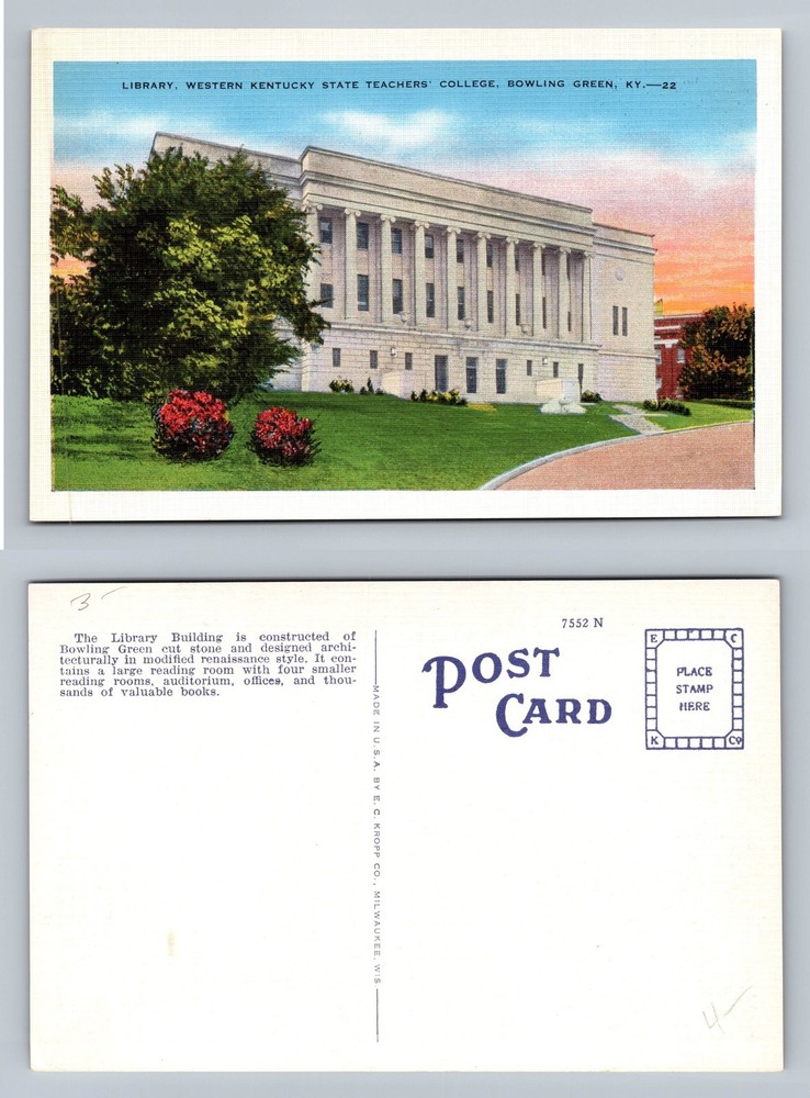 Bowling Green, KY-Kentucky, College Library View, PC Old Vintage Postcard