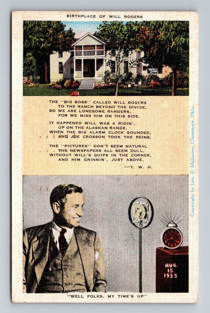 Claremore OK-Oklahoma Birthplace of Will Rogers Vintage Postcard