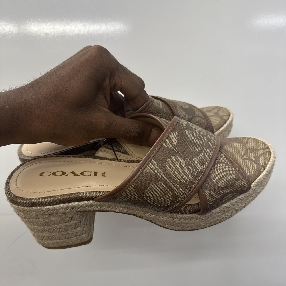 Coach Monogram Canvas Espadrille Sandals Size 7B Brown Block Heel