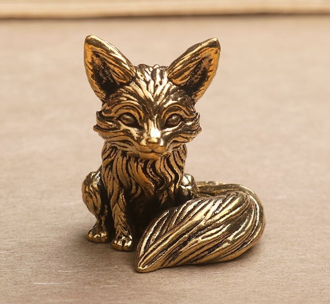 Brass Fox Animal Statue Small Sculpture Tabletop Figurine Home Decor Gifts