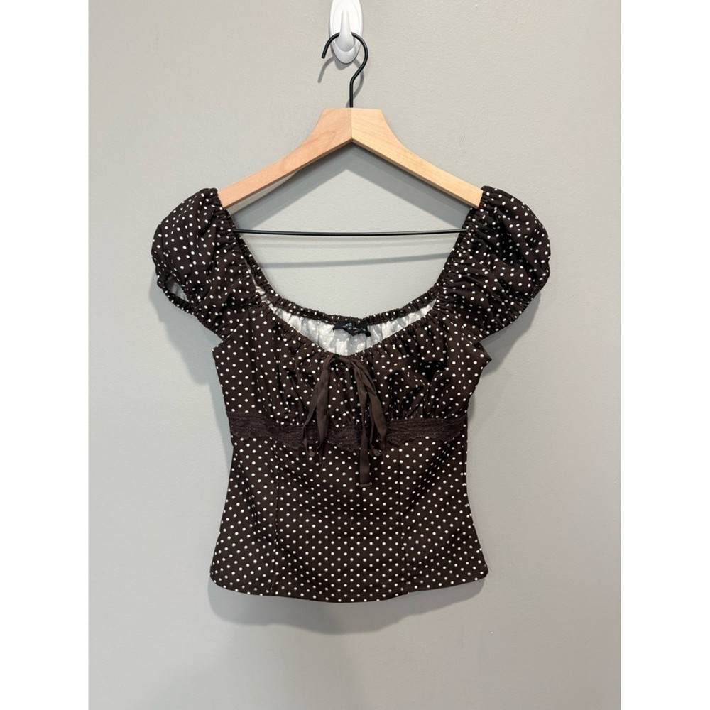 Y2K Brown Polka Dot Puff Sleeve Peasant Top Lace Size Small