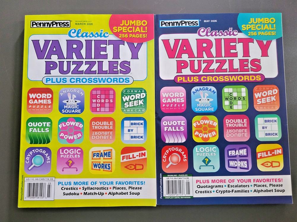 Lot of 2 Classic Variety Puzzles Plus Crosswords by Penny Press - Jumbo Specials