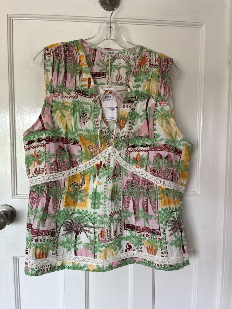 Pretty Next White Green Pink V-Neck Sleeveless Cotton Top Size 22 New