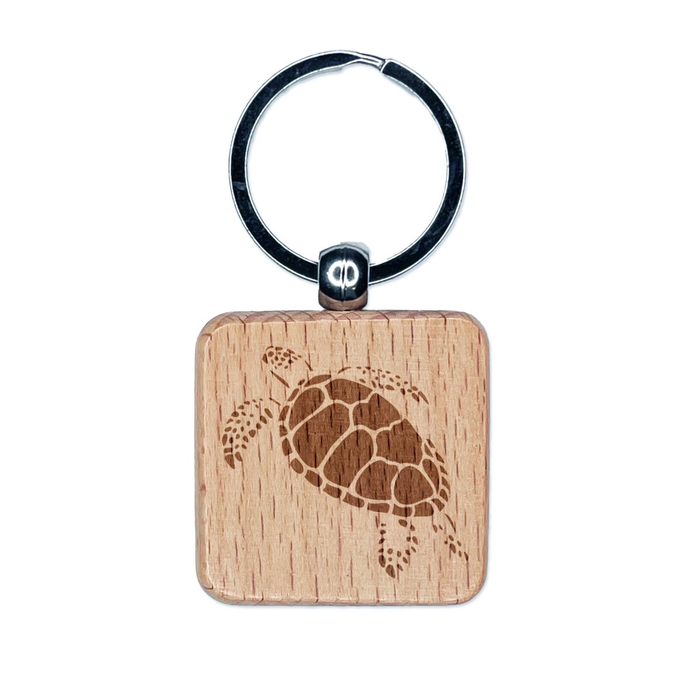 Swimming Sea Turtle Engraved Wood Square Keychain Tag Charm