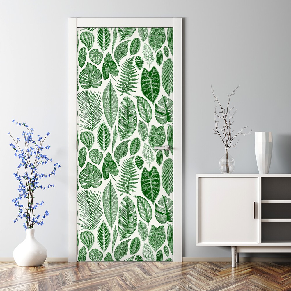 Botanical Green Leaves Self-Adhesive Door Decal for Renters