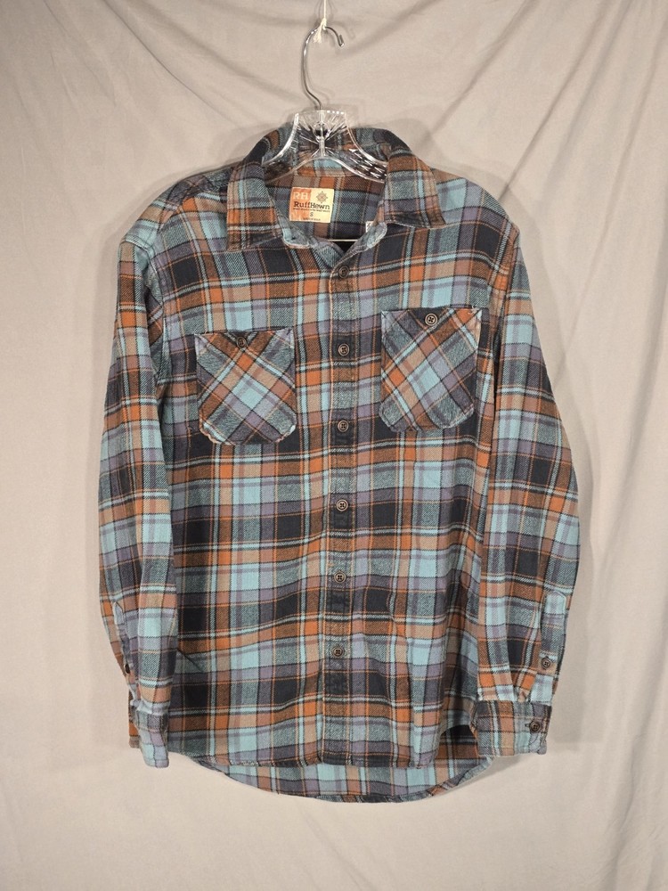 Ruff Hewn Mens Flannel Button Up Shirt Small Blue Orange Plaid Long Sleeve