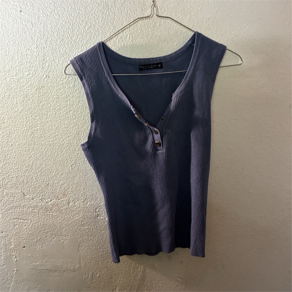 Emerson Long Ribbed Knit V-Neck Button Henley Tank Top Blue Solid Sleeveless L