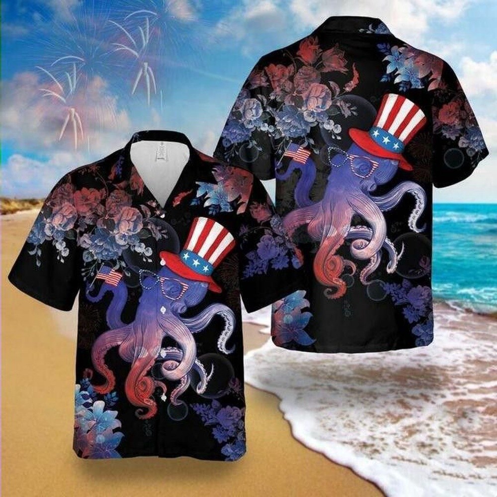 4Th Of July Trendy Hawaiian Shirt Octopus Celebrates 4Th Of July Flower Black Ha