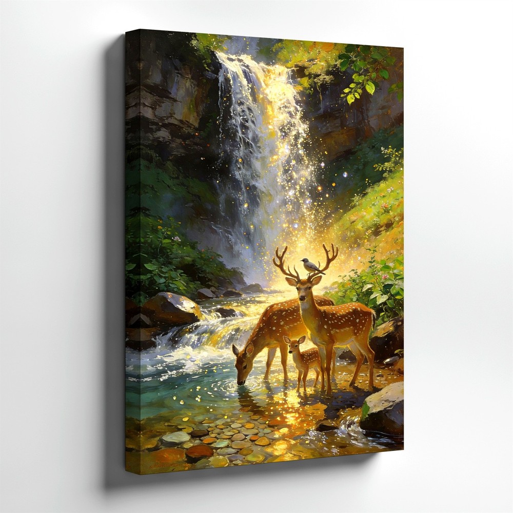Wall Art Deer Family Waterfall Forest Stream Nature Canvas Print Rustic Decor